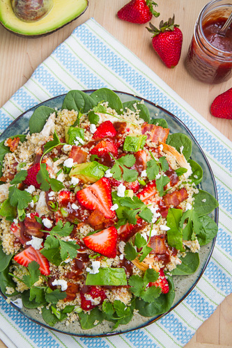 Strawberry BBQ Chicken Spinach and Quinoa Salad with Bacon, Avocado and Goat Cheese Strawberry BBQ Chicken Spinach and Quinoa Salad with Bacon, Avocado and Goat Cheese