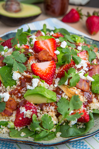 Strawberry BBQ Chicken Spinach and Quinoa Salad with Bacon, Avocado and Goat Cheese Strawberry BBQ Chicken Spinach and Quinoa Salad with Bacon, Avocado and Goat Cheese