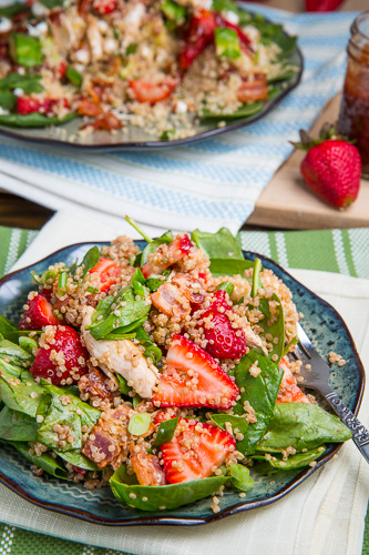 Strawberry BBQ Chicken Spinach and Quinoa Salad with Bacon, Avocado and Goat Cheese Strawberry BBQ Chicken Spinach and Quinoa Salad with Bacon, Avocado and Goat Cheese