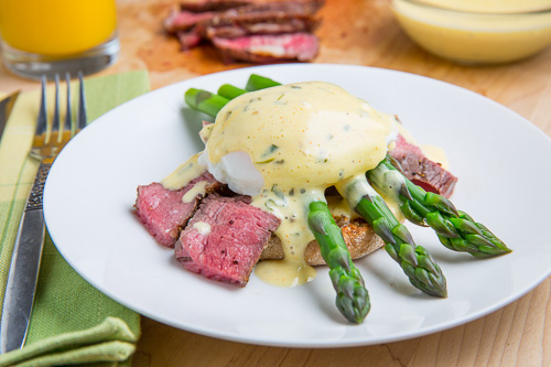 Steak and Eggs Benedict with Asparagus in Bearnaise Sauce Steak and Eggs Benedict with Asparagus in Bearnaise Sauce