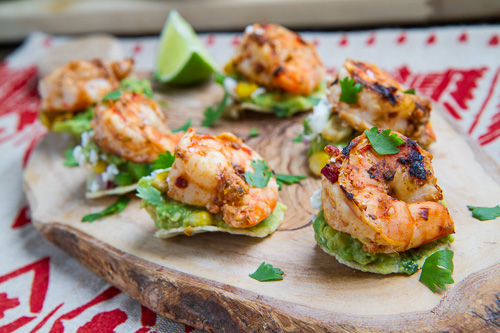 Chipotle Lime Grilled Shrimp and Corn Guacamole Mini Tostadas