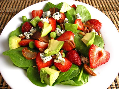 Strawberry and Avocado Spinach Salad in Raspberry Balsamic Vinaigrette Strawberry and Avocado Spinach Salad in Raspberry Balsamic Vinaigrette