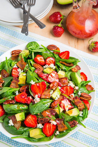 Strawberry and Avocado Spinach Salad in Raspberry Balsamic Vinaigrette Strawberry and Avocado Spinach Salad in Raspberry Balsamic Vinaigrette