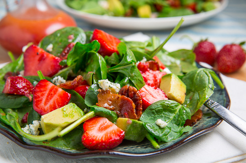 Strawberry and Avocado Spinach Salad in Raspberry Balsamic Vinaigrette Strawberry and Avocado Spinach Salad in Raspberry Balsamic Vinaigrette