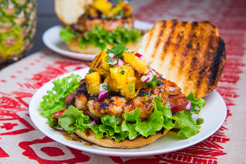 Teriyaki Shrimp Burgers with Grilled Pineapple Salsa and Bacon Teriyaki Shrimp Burgers with Grilled Pineapple Salsa and Bacon