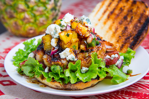 Teriyaki Shrimp Burgers with Grilled Pineapple Salsa, Bacon and Blue Cheese Teriyaki Shrimp Burgers with Grilled Pineapple Salsa, Bacon and Blue Cheese