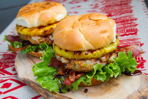 Teriyaki Shrimp Burgers with Grilled Pineapple Salsa and Bacon Teriyaki Shrimp Burgers with Grilled Pineapple Salsa and Bacon