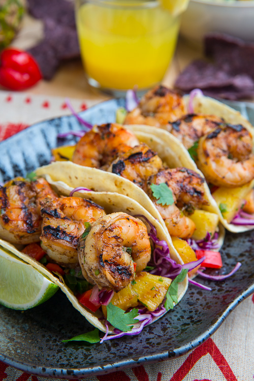 Jerk Shrimp Tacos with Pineapple Salsa, Slaw and Pina Colada Crema Jerk Shrimp Tacos with Pineapple Salsa, Slaw and Pina Colada Crema