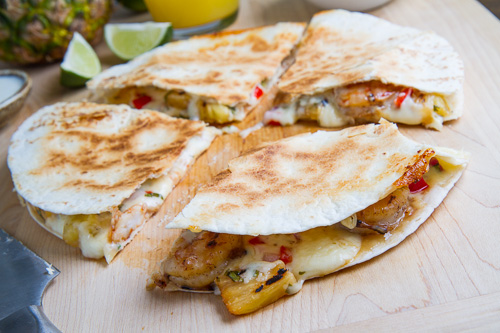 Jerk Shrimp and Pineapple Salsa Quesadillas with Pina Colada Guacamole Jerk Shrimp and Pineapple Salsa Quesadillas with Pina Colada Guacamole