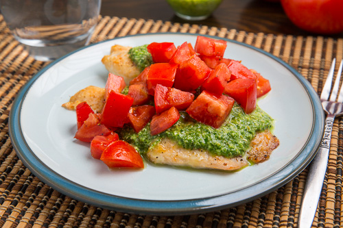 Parmesan Crusted Pesto Tilapia Bruschetta Parmesan Crusted Pesto Tilapia Bruschetta