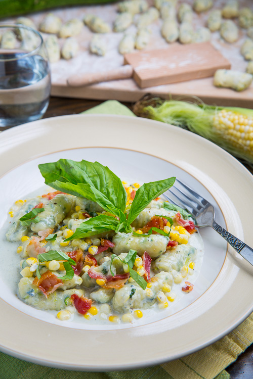 Zucchini Ricotta Gnocchi and Corn in Creamy Gorgonzola Sauce with Crispy Crumbled Pancetta