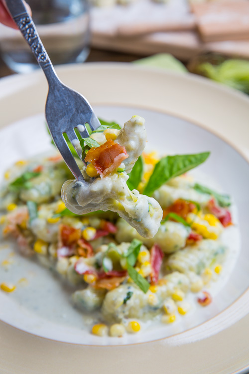 Zucchini Ricotta Gnocchi and Corn in Creamy Gorgonzola Sauce with Crispy Crumbled Pancetta Zucchini Ricotta Gnocchi and Corn in Creamy Gorgonzola Sauce with Crispy Crumbled Pancetta