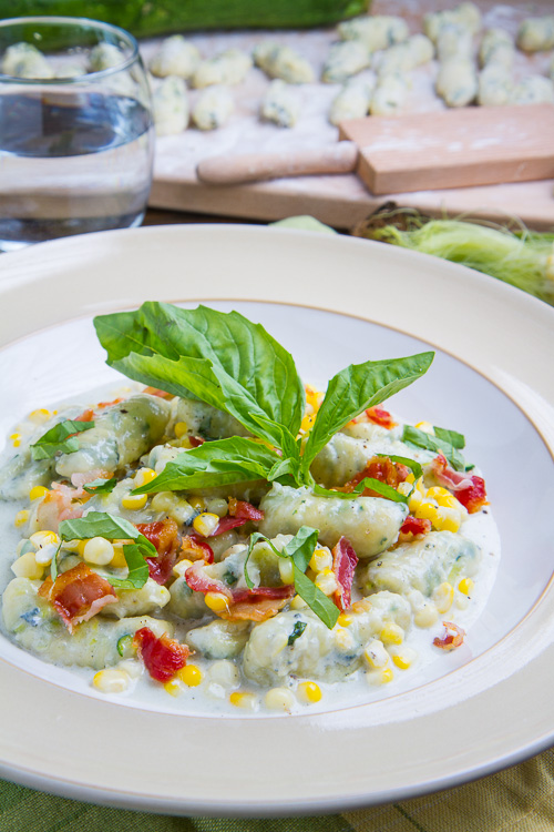 Zucchini Ricotta Gnocchi and Corn in Creamy Gorgonzola Sauce with Crispy Crumbled Pancetta Zucchini Ricotta Gnocchi and Corn in Creamy Gorgonzola Sauce with Crispy Crumbled Pancetta