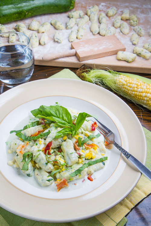 Zucchini Ricotta Gnocchi and Corn in Creamy Gorgonzola Sauce with Crispy Crumbled Pancetta Zucchini Ricotta Gnocchi and Corn in Creamy Gorgonzola Sauce with Crispy Crumbled Pancetta
