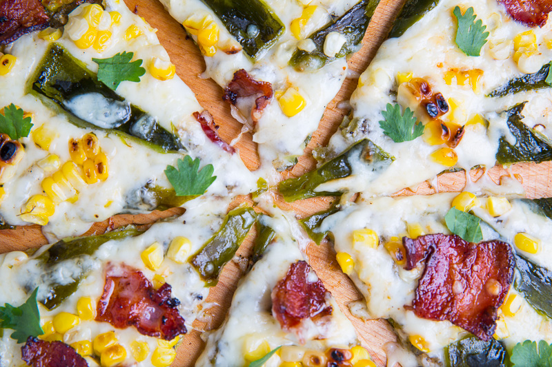 Grilled Corn, Roasted Poblano and Bacon Zucchini Crust Pizza Grilled Corn, Roasted Poblano and Bacon Zucchini Crust Pizza