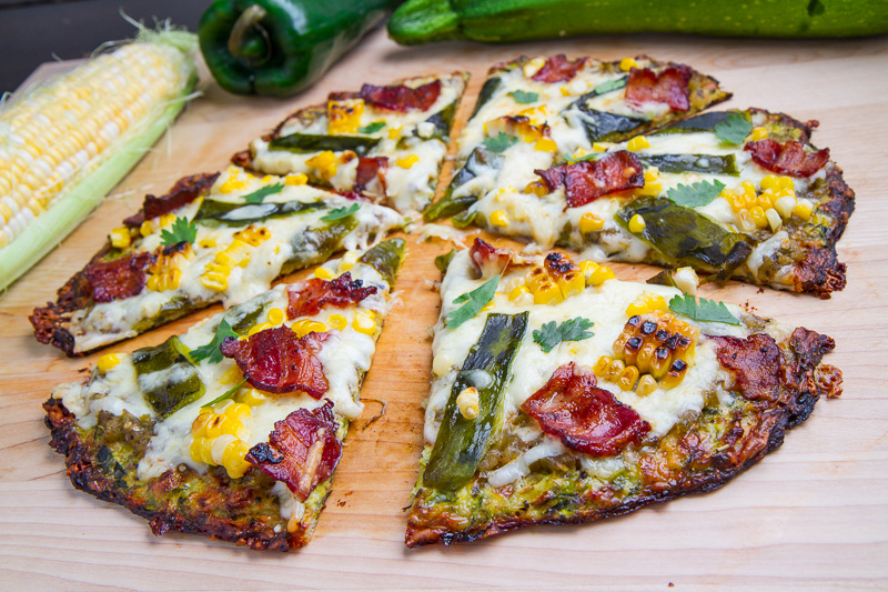 Grilled Corn, Roasted Poblano and Bacon Zucchini Crust Pizza Grilled Corn, Roasted Poblano and Bacon Zucchini Crust Pizza