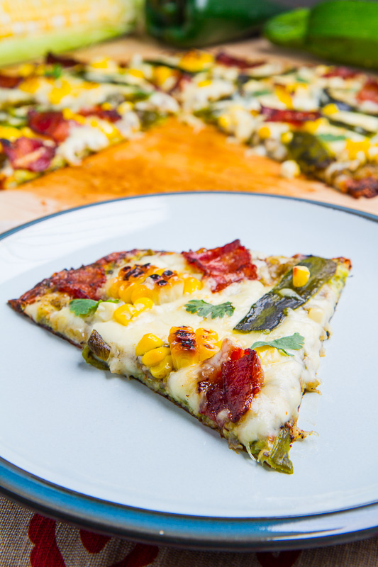 Grilled Corn, Roasted Poblano and Bacon Zucchini Crust Pizza Grilled Corn, Roasted Poblano and Bacon Zucchini Crust Pizza