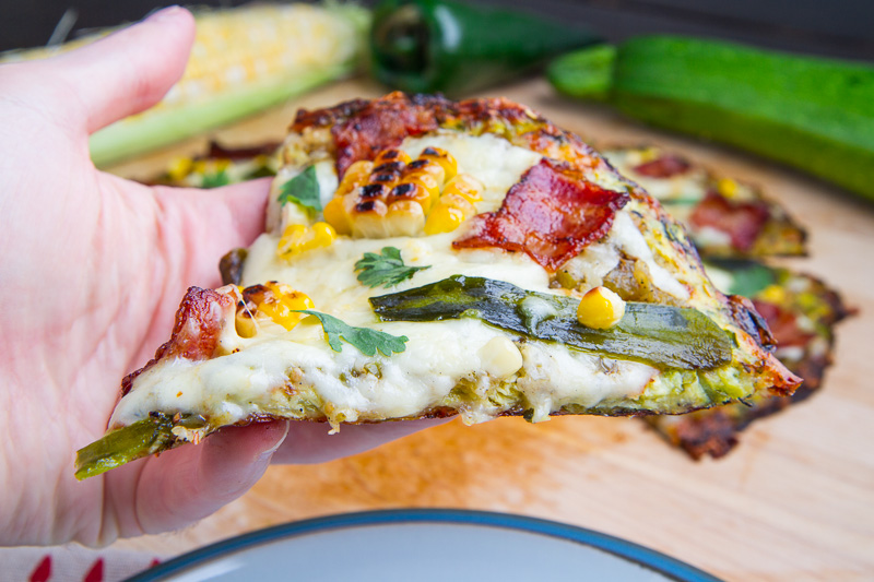 Grilled Corn, Roasted Poblano and Bacon Zucchini Crust Pizza Grilled Corn, Roasted Poblano and Bacon Zucchini Crust Pizza