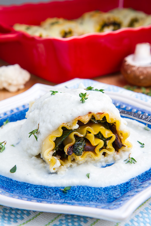 Mushroom and Kale Lasagna Roll Ups in Creamy Gorgonzola Cauliflower Sauce Mushroom and Kale Lasagna Roll Ups in Creamy Gorgonzola Cauliflower Sauce