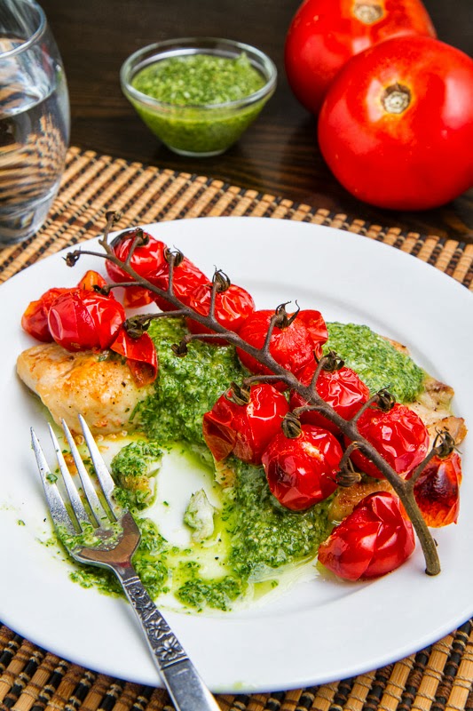 Parmesan Crusted Pesto Tilapia with Roasted Tomatoes Parmesan Crusted Pesto Tilapia with Roasted Tomatoes