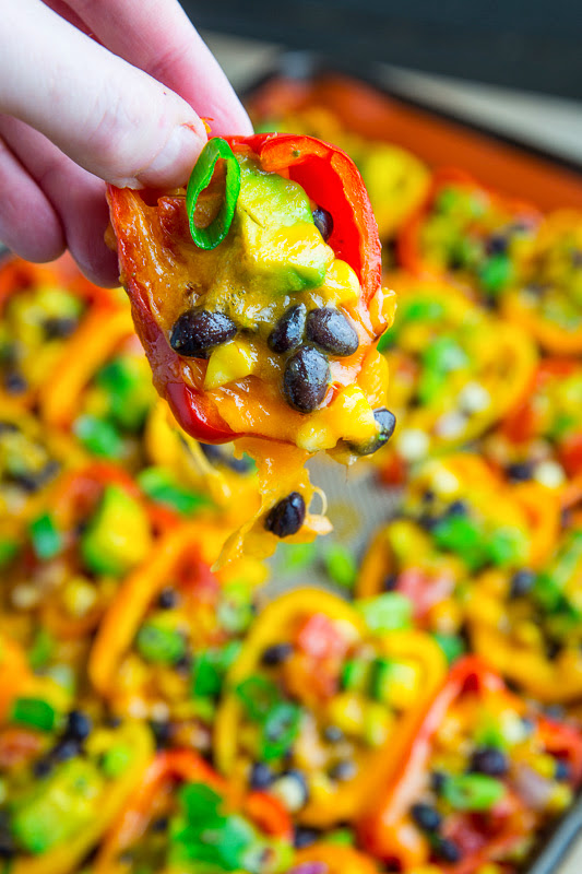 Mini Pepper Nachos with Corn, Black Beans and Avocado Mini Pepper Nachos with Corn, Black Beans and Avocado