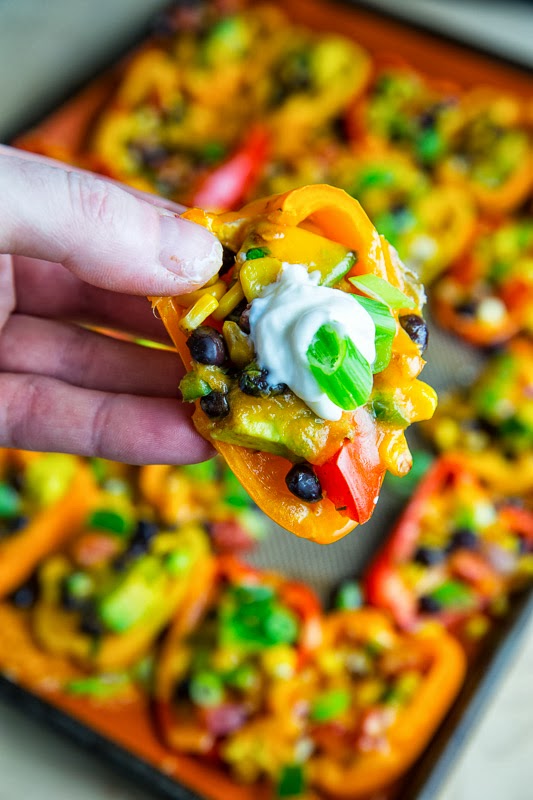 Mini Pepper Nachos with Corn, Black Beans and Avocado Mini Pepper Nachos with Corn, Black Beans and Avocado