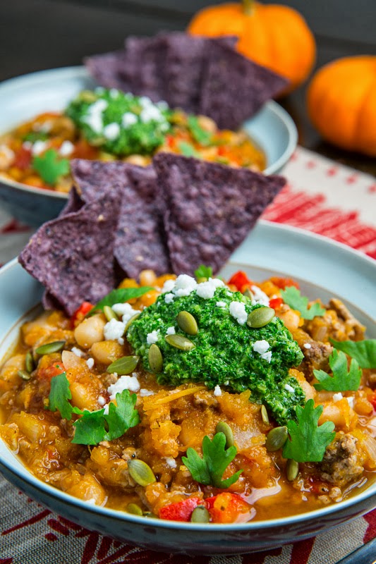 Pumpkin and White Bean Turkey Chili with Kale and Pepita Salsa Pumpkin and White Bean Turkey Chili with Kale and Pepita Salsa