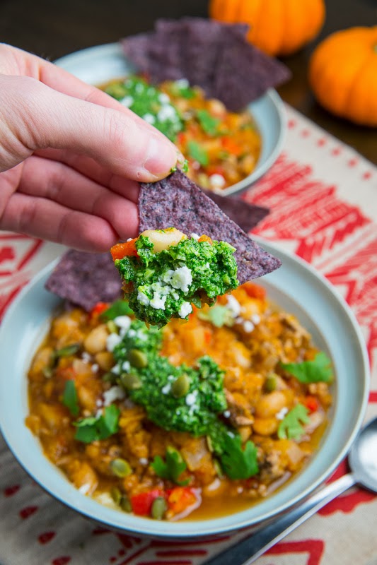 Pumpkin and White Bean Turkey Chili with Kale and Pepita Salsa Pumpkin and White Bean Turkey Chili with Kale and Pepita Salsa