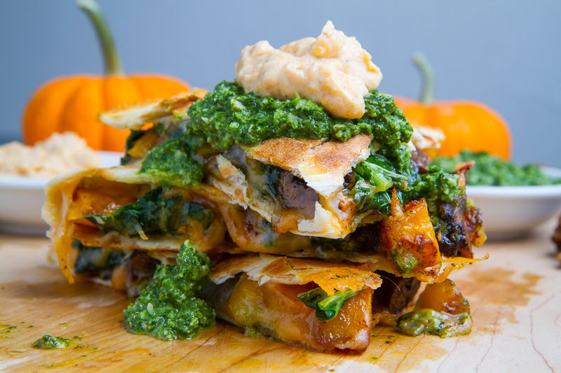 Chipotle Roasted Pumpkin, Mushroom and Kale Quesadillas with Chipotle Pumpkin Crema and Kale Salsa Chipotle Roasted Pumpkin, Mushroom and Kale Quesadillas with Chipotle Pumpkin Crema and Kale Salsa