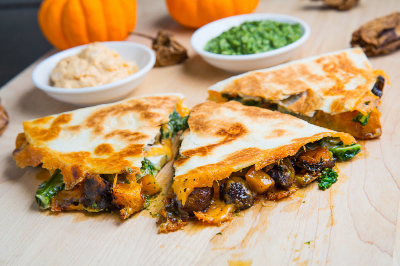 Chipotle Roasted Pumpkin, Mushroom and Kale Quesadillas with Chipotle Pumpkin Crema and Kale Salsa Chipotle Roasted Pumpkin, Mushroom and Kale Quesadillas with Chipotle Pumpkin Crema and Kale Salsa