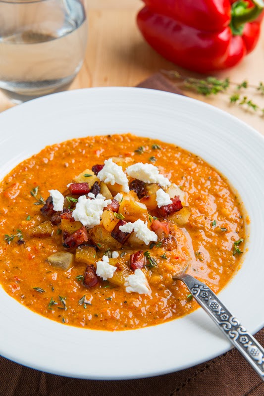Creamy Roasted Red Pepper and Cauliflower Soup with Goat Cheese Creamy Roasted Red Pepper and Cauliflower Soup with Goat Cheese