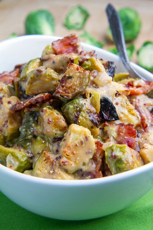 Roasted Brussels Sprouts and Bacon in a Mustard Cream Sauce Roasted Brussels Sprouts and Bacon in a Mustard Cream Sauce