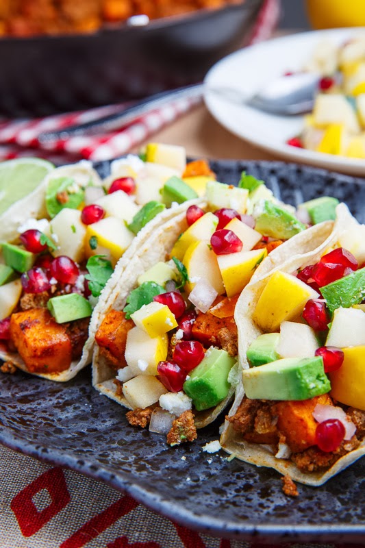 Chorizo and Sweet Potato Tacos with Apple and Pomegranate Salsa Chorizo and Sweet Potato Tacos with Apple and Pomegranate Salsa