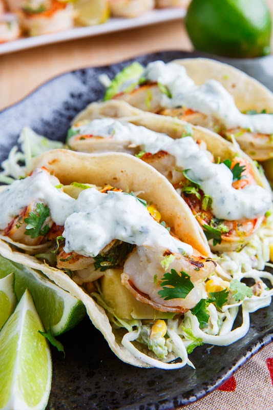 Cilantro Lime Shrimp Tacos with Roasted Corn Slaw and Roasted Jalapeno Crema Cilantro Lime Shrimp Tacos with Roasted Corn Slaw and Roasted Jalapeno Crema