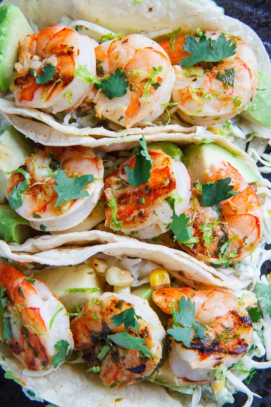 Cilantro Lime Shrimp Tacos with Roasted Corn Slaw and Roasted Jalapeno Crema Cilantro Lime Shrimp Tacos with Roasted Corn Slaw and Roasted Jalapeno Crema
