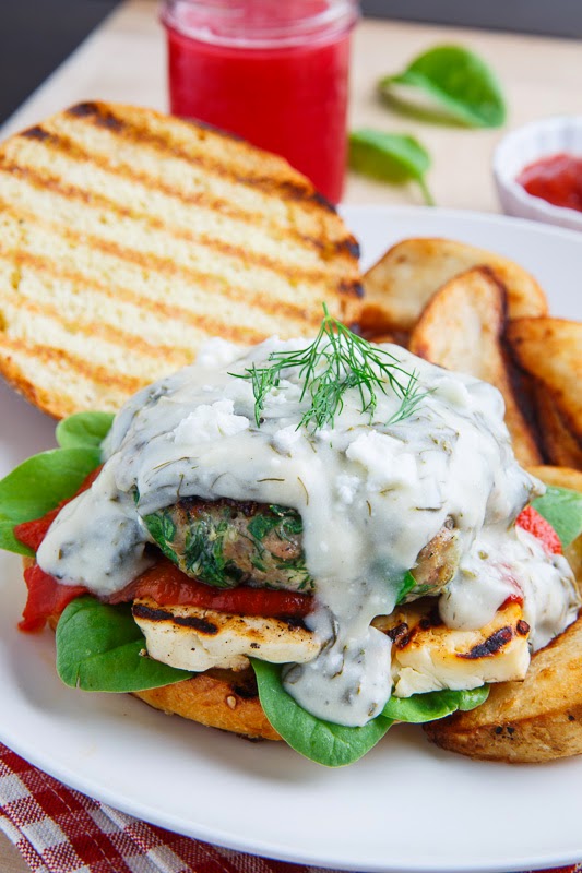 Spinach and Feta Chicken Burgers (aka Spanakopita Burgers) with Grilled Halloumi, Roasted Red Peppers and a Spinach and Feta Sauce Spinach and Feta Chicken Burgers (aka Spanakopita Burgers) with Grilled Halloumi, Roasted Red Peppers and a Spinach and Feta Sauce