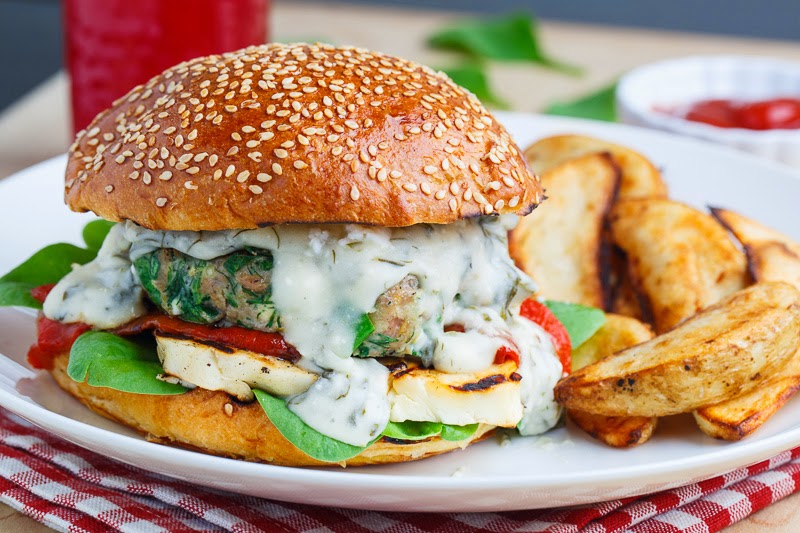 Spinach and Feta Chicken Burgers (aka Spanakopita Burgers) with Grilled Halloumi, Roasted Red Peppers and a Spinach and Feta Sauce Spinach and Feta Chicken Burgers (aka Spanakopita Burgers) with Grilled Halloumi, Roasted Red Peppers and a Spinach and Feta Sauce