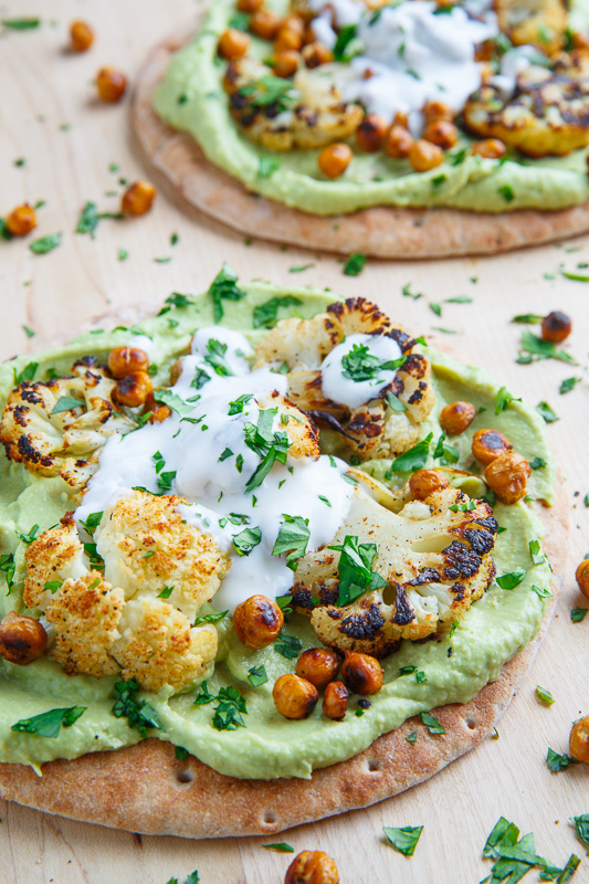 Roasted Cauliflower and Chickpea Pitas with Avocado Hummus Roasted Cauliflower and Chickpea Pitas with Avocado Hummus