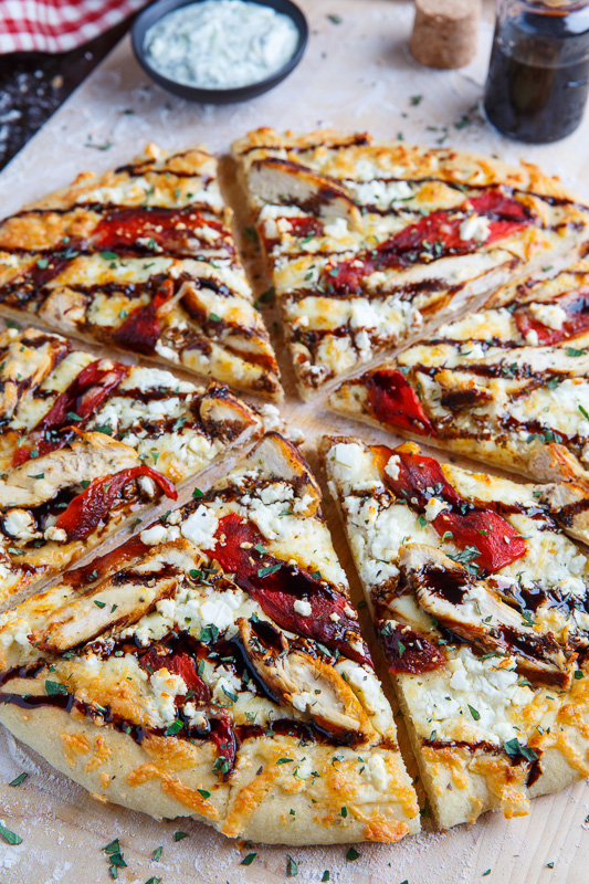 Mediterranean Grilled Chicken and Roasted Red Pepper Pizza with Feta and Balsamic Glaze Mediterranean Grilled Chicken and Roasted Red Pepper Pizza with Feta and Balsamic Glaze