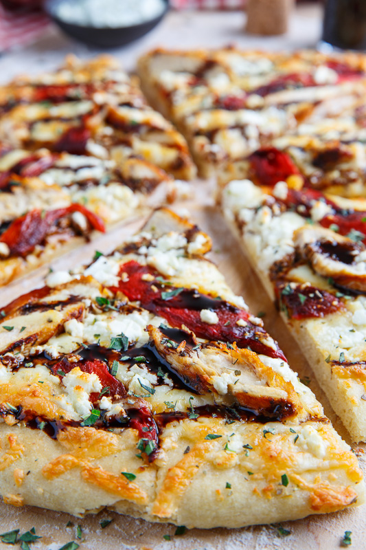 Mediterranean Grilled Chicken and Roasted Red Pepper Pizza with Feta and Balsamic Glaze Mediterranean Grilled Chicken and Roasted Red Pepper Pizza with Feta and Balsamic Glaze
