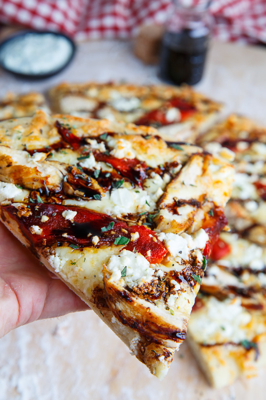 Mediterranean Grilled Chicken and Roasted Red Pepper Pizza with Feta and Balsamic Glaze Mediterranean Grilled Chicken and Roasted Red Pepper Pizza with Feta and Balsamic Glaze