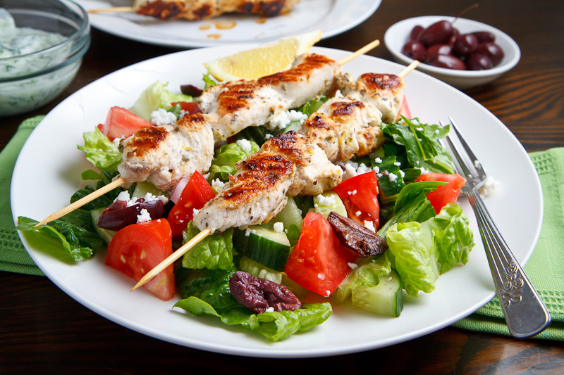 Grilled Chicken Souvlaki Salad with Creamy Feta and Dill Dressing Grilled Chicken Souvlaki Salad with Creamy Feta and Dill Dressing