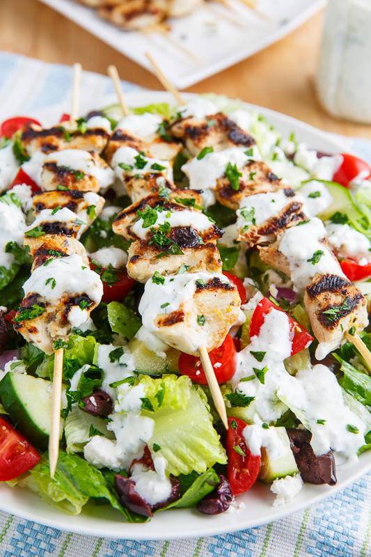 Grilled Chicken Souvlaki Salad with Creamy Feta and Dill Dressing Grilled Chicken Souvlaki Salad with Creamy Feta and Dill Dressing