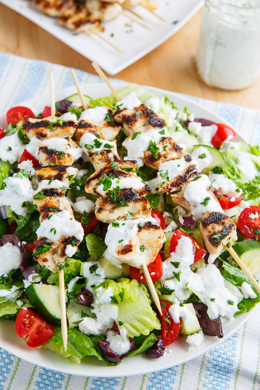 Grilled Chicken Souvlaki Salad with Creamy Feta and Dill Dressing Grilled Chicken Souvlaki Salad with Creamy Feta and Dill Dressing