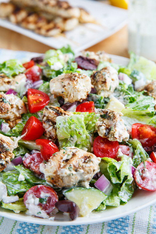 Grilled Chicken Souvlaki Salad with Creamy Feta and Dill Dressing Grilled Chicken Souvlaki Salad with Creamy Feta and Dill Dressing