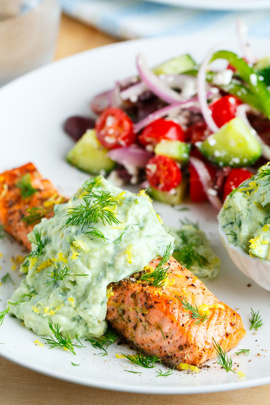 Greek Style Salmon with Avocado Tzatziki Greek Style Salmon with Avocado Tzatziki