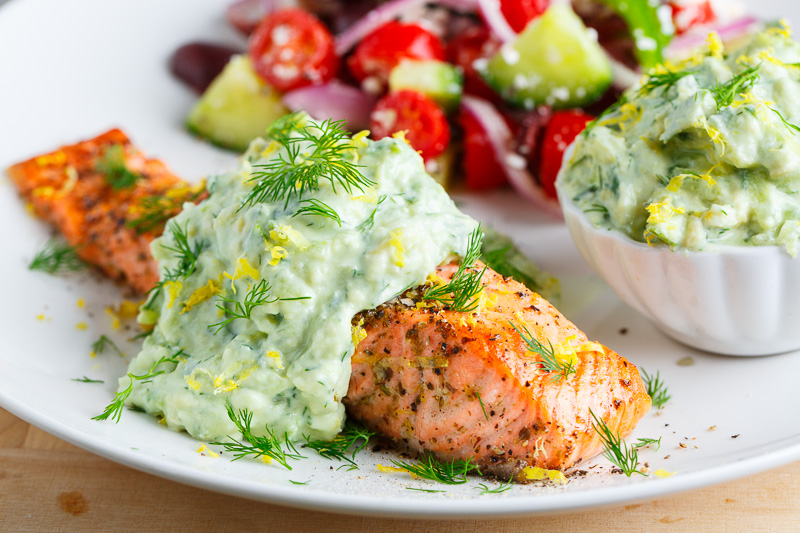 Greek Style Salmon with Avocado Tzatziki Greek Style Salmon with Avocado Tzatziki