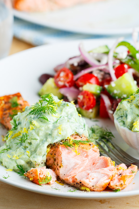 Greek Style Salmon with Avocado Tzatziki Greek Style Salmon with Avocado Tzatziki