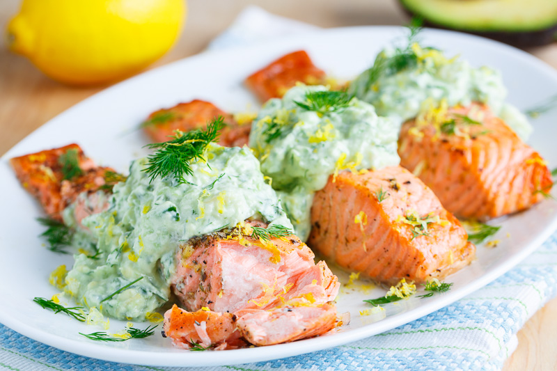 Greek Style Salmon with Avocado Tzatziki Greek Style Salmon with Avocado Tzatziki