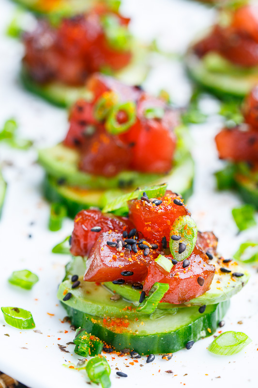 Spicy Tuna and Avocado Cucumber Sushi Bites Spicy Tuna and Avocado Cucumber Sushi Bites
